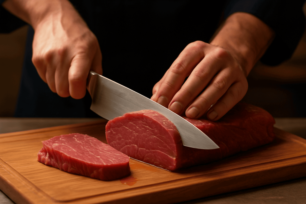 Ejemplo de un cuchillo afilado cortando carne.